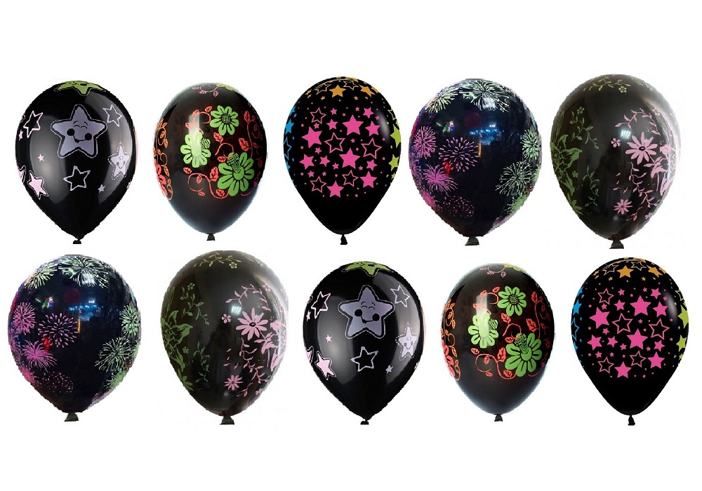 фото Набор воздушных шаров mc-basir черный с цветным неоновым рисунком 30 см/12" 10 шт.