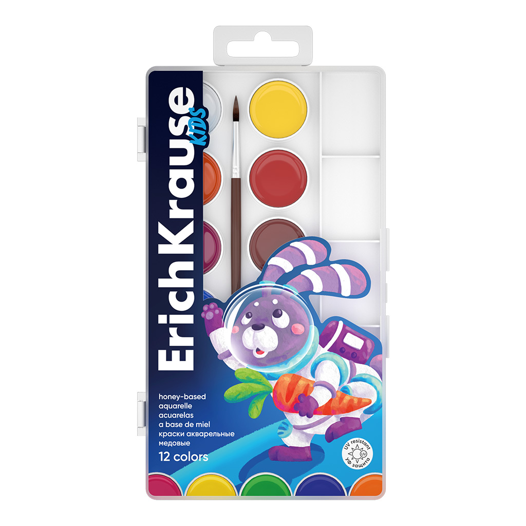 Краски акварельные ErichKrause Kids Space Animals,61363,с УФ защитой 12 цветов и кистью