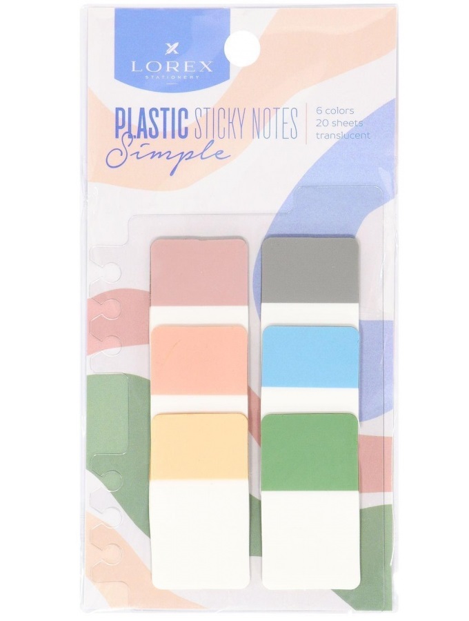 Клейкие закладки пластиковые Lorex Plastic Simple, 6 цветов пастель по 20л., 45х25мм