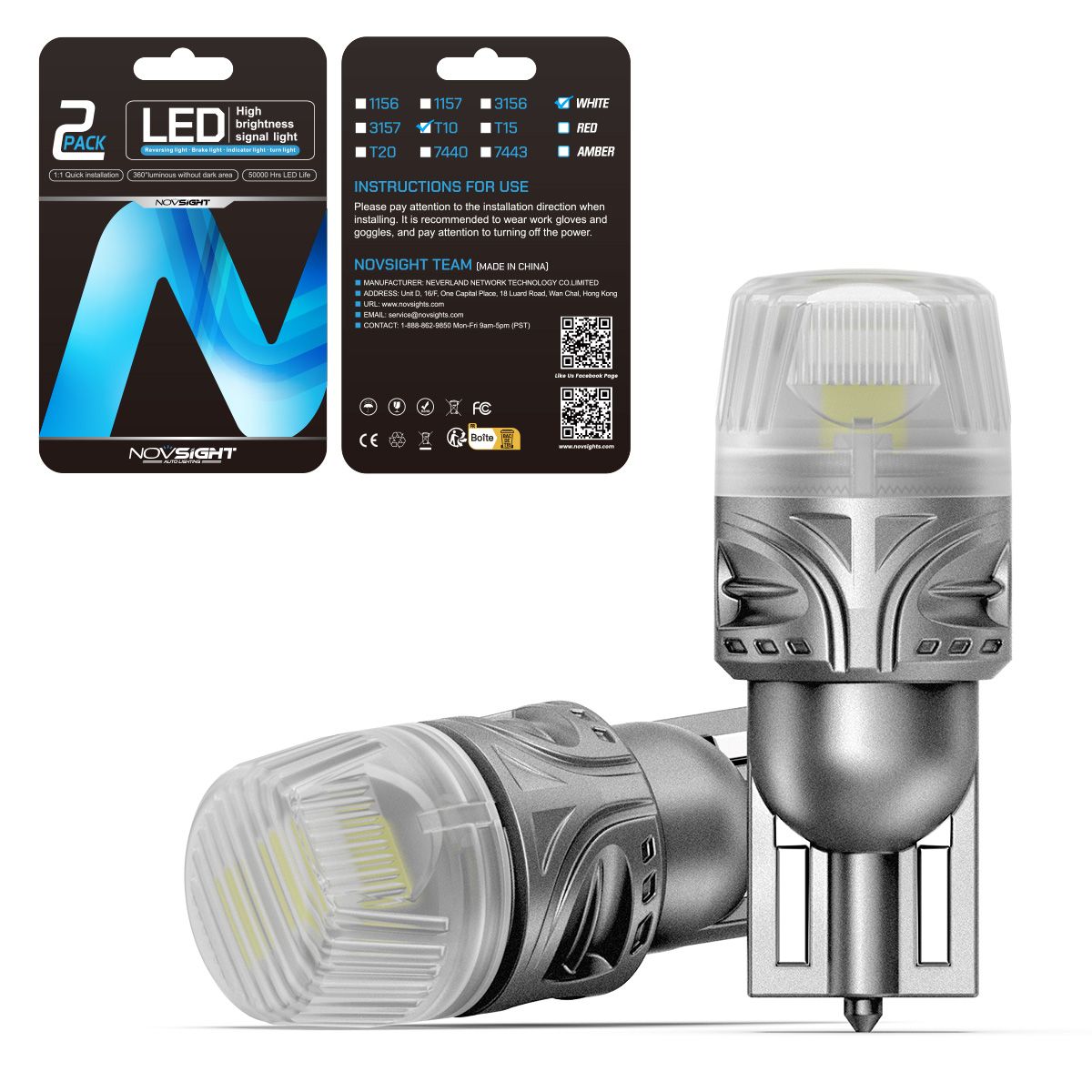 

Светодиодная лампа Novsight SL9 T10 W5W цоколь W2.1x9.5d 2шт белый свет LED, Автомобильная лампа