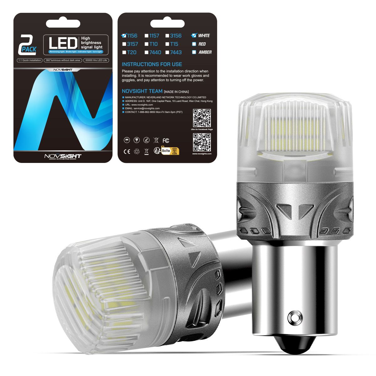 

Светодиодная лампа Novsight SL9 1156 P21W цоколь BA15S 2шт одноконтактная белый свет LED, Автомобильная лампа