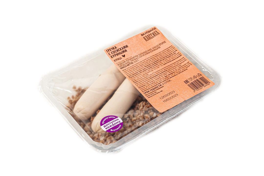 

Гречка ВкусВилл с куриными сосисками 210 г