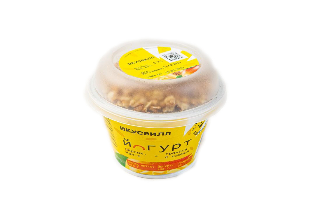 

Йогурт ВкусВилл персик-манго с гранолой и изюмом 2,7 - 3,5% 215 г