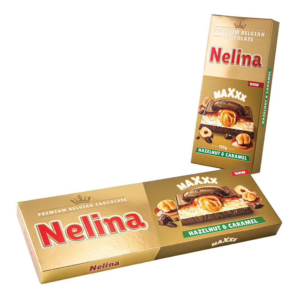 Шоколад Nelly Nelina Premium Belgian chocolate Maxxx молочный фундук и карамель 305 г