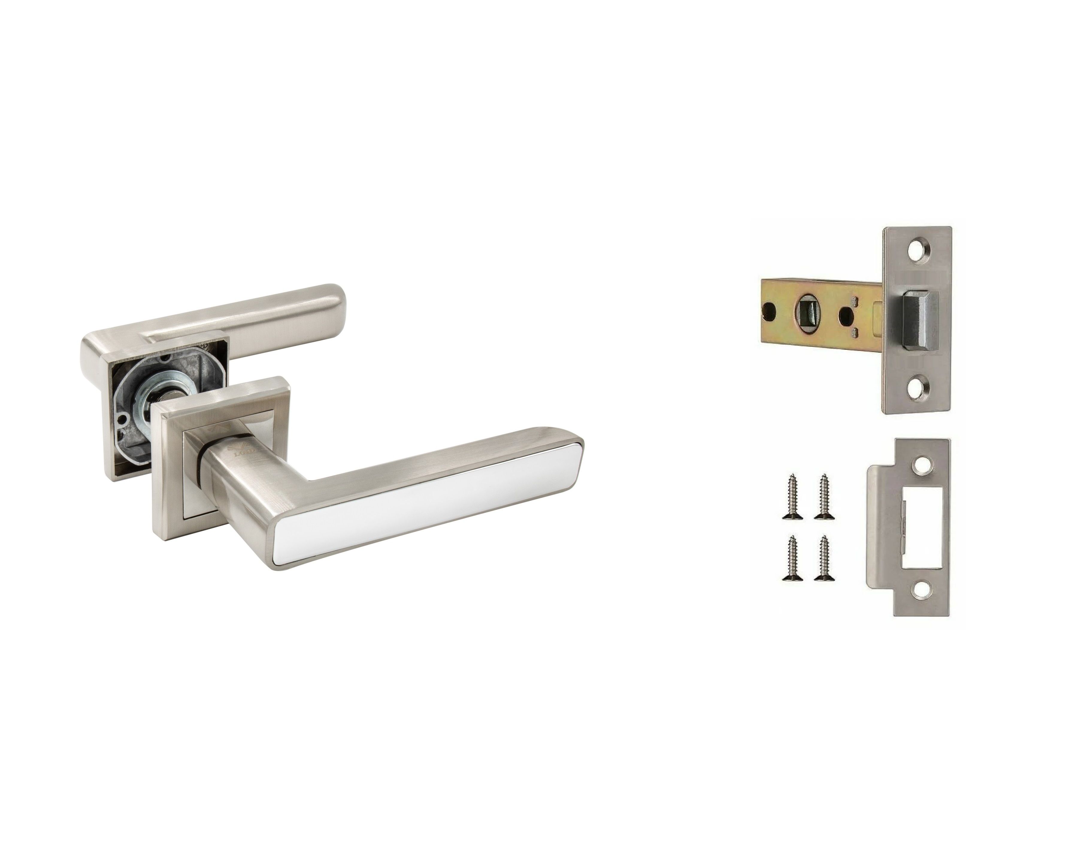 

Ручки дверные межкомнатные с защелкой Loid 300 SN/WW, 2 шт, Серебристый, Ручки дверные (2 шт) межкомнатные Loid 300 SN/WW + защелка 8-45 SN матовый хром/белый