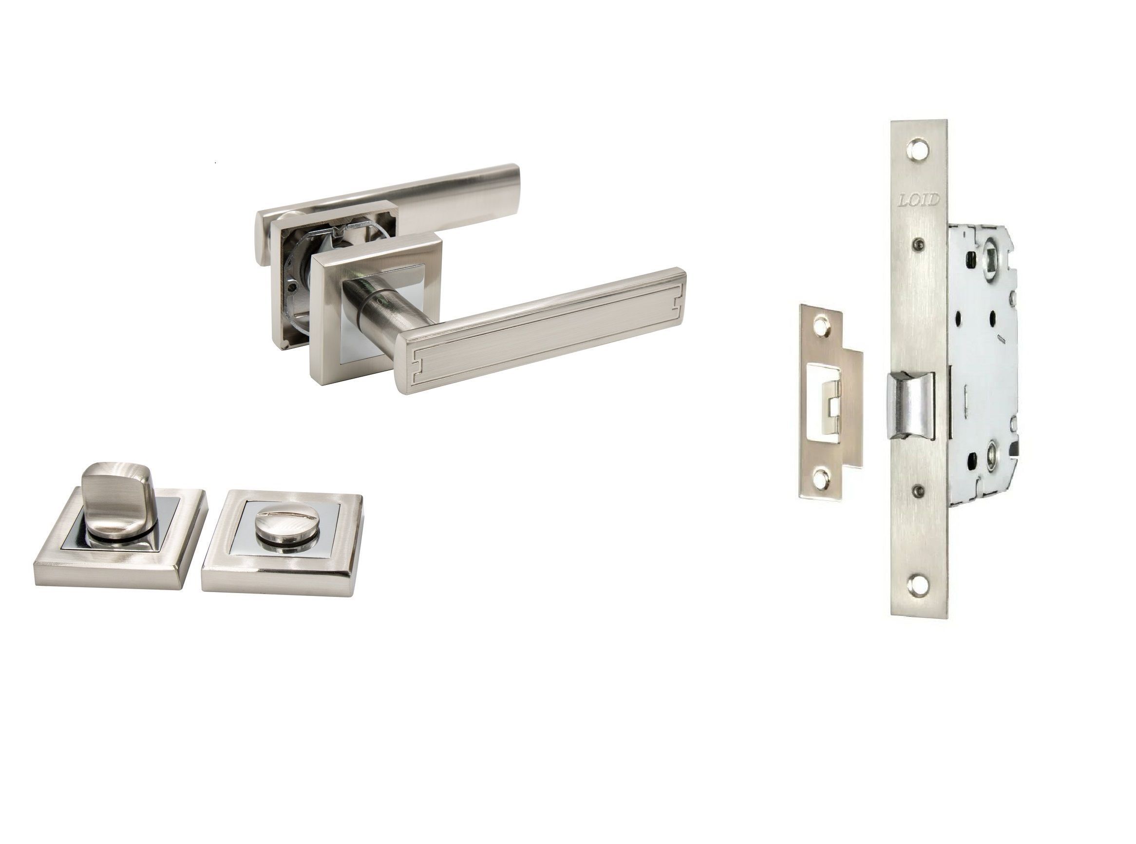 

Ручки дверные (2 шт) межкомнатные + замок + завертка Loid 450 SN, Серебристый, Loid 450 SN + замок M-2055 B SN + завертка квадратная SN/CP матовый хром