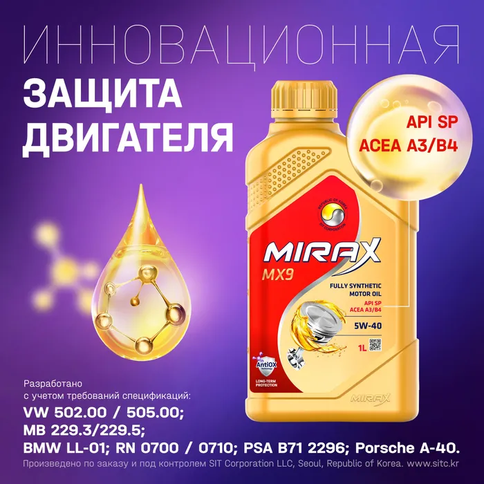Моторное масло MIRAX синтетическое MX9 SAE 5W40 API SP ACEA A3/B4 1л