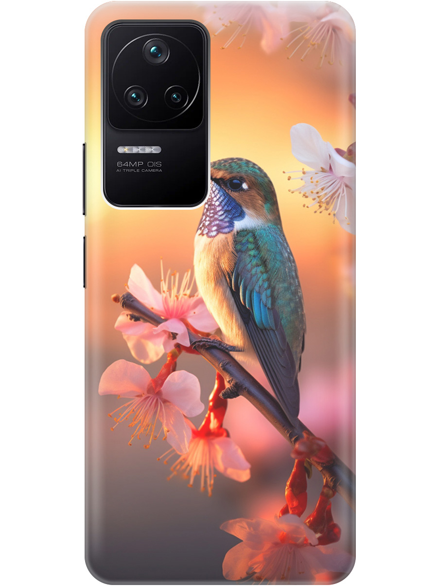 

Силиконовый чехол на Xiaomi Poco F4 с рисунком "Птичка и закат", Желтый;красный, 20000488