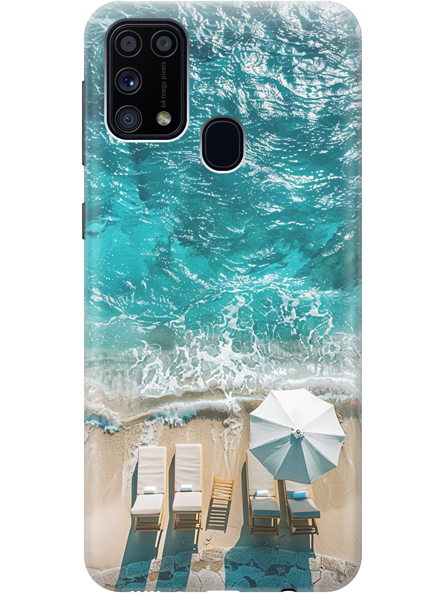 

Силиконовый чехол на Samsung Galaxy M31 с принтом "Лазурное море", Прозрачный;голубой;бежевый, 722999241