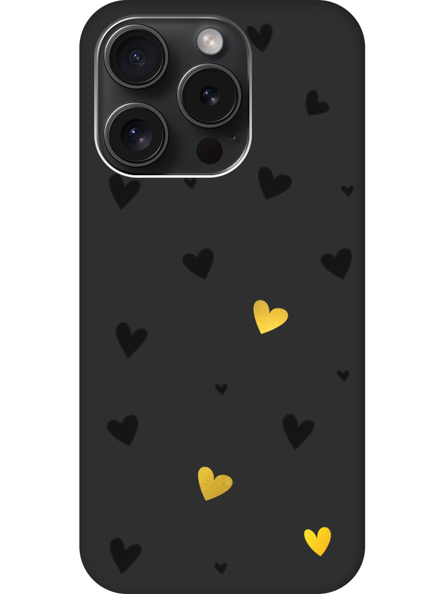 

Силиконовый чехол на Apple iPhone 15 Pro с принтом "Черные сердечки" матовый черный, Черный;золотистый, 775148091