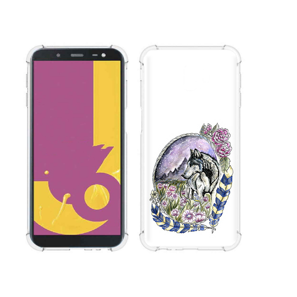 

Чехол MyPads Tocco для Samsung Galaxy J6+ (2018) нарисованный волк в цветах с перьями, Прозрачный, Tocco