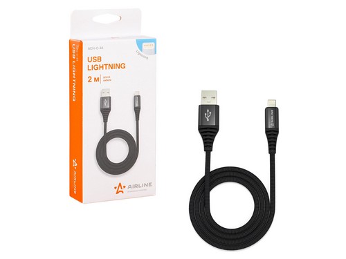 AIRLINE Кабель USB - Lightning (Iphone/IPad) 2м, черный нейлоновый (ACH-C-44)