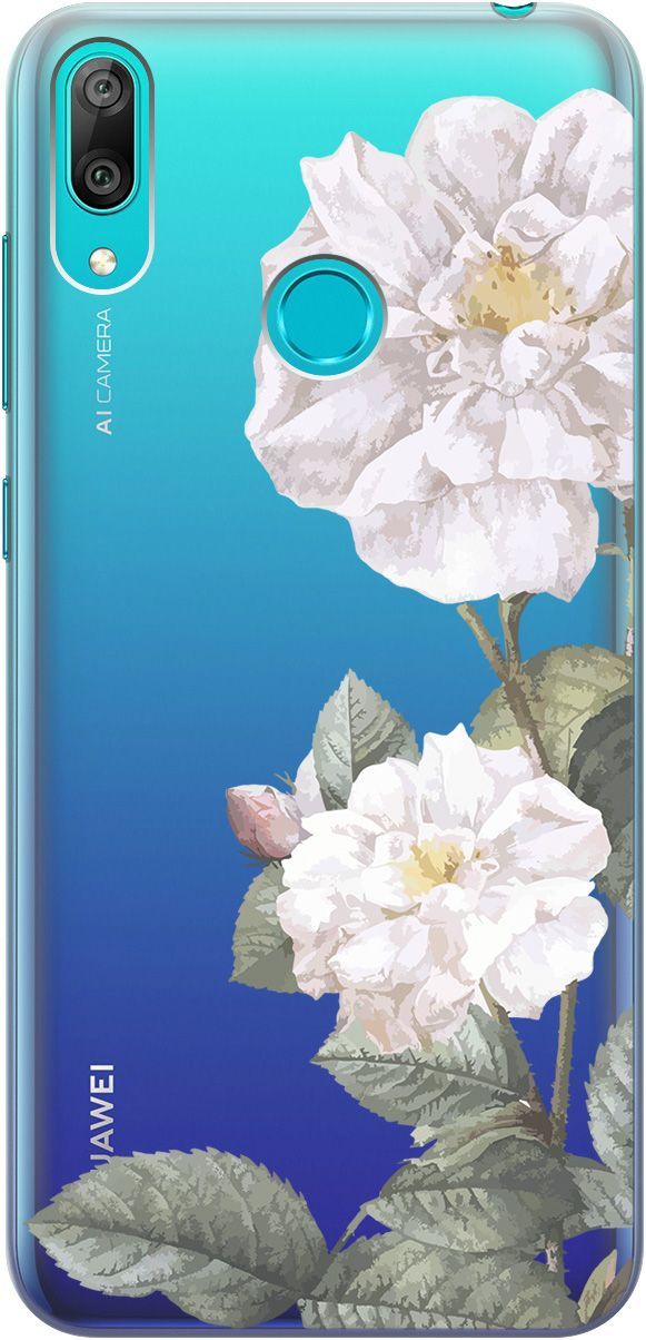

Силиконовый чехол на Huawei Y7 (2019) "White Rose" прозрачный, Прозрачный;черный, 5286