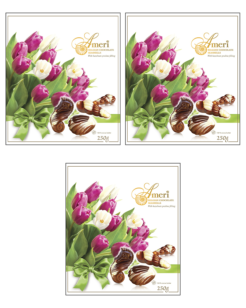 Конфеты шоколадные Ameri с начинкой пралине в упаковке с цветами, 250 г. - 3 шт.