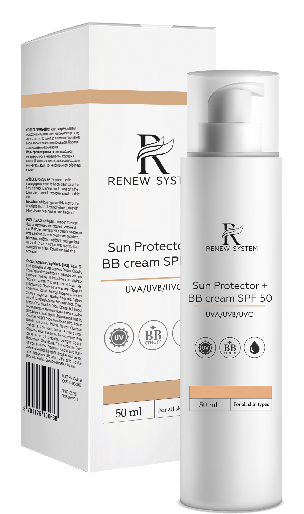 

BB-Крем Renew System SPF 50 с широким спектром UVA/UVB/UVC-Защиты, 50 мл