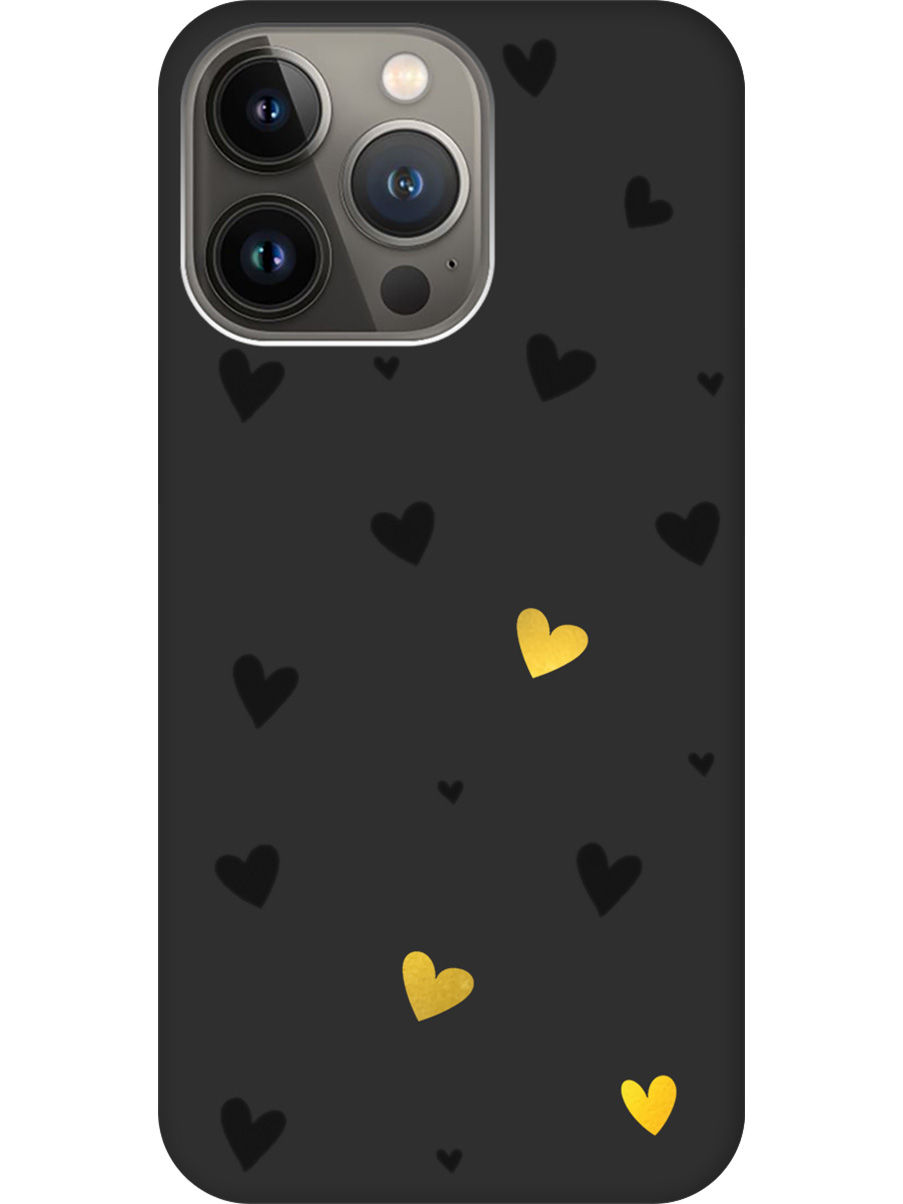 

Силиконовый чехол на Apple iPhone 13 Pro Max с принтом "Черные сердечки" матовый черный, Черный;золотистый, 732247391
