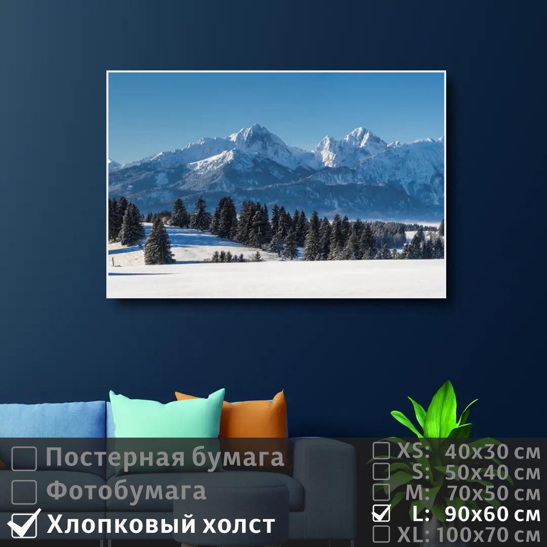 

Постер на холсте ПолиЦентр Панорама гор зимний пейзаж 90х60 см, ПанорамаГорЗимнийПейзаж