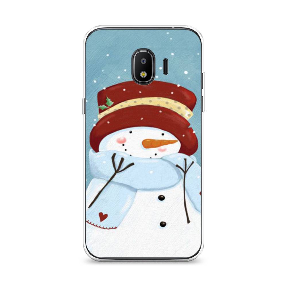 

Чехол на Samsung Galaxy J2 2018 "Застенчивый снеговик", Голубой;белый;красный, 25650-5