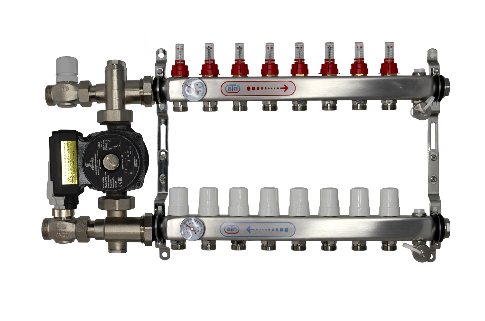 Комплект теплого пола коллектор на 8 контуров справа с частотным насосом ВТП Компакт-П