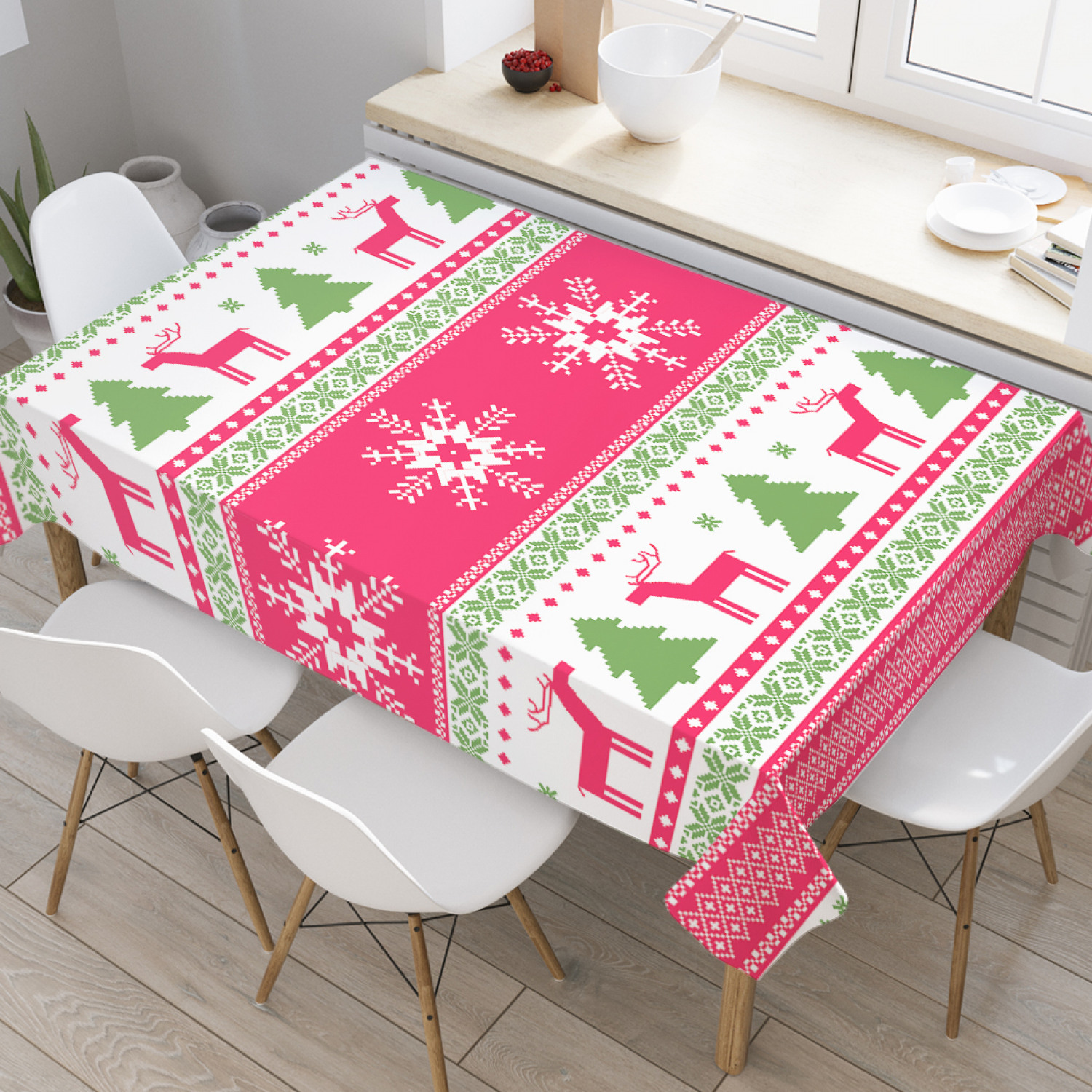 

Скатерть прямоугольная JoyArty "Олени с елками" из оксфорда, 120x145 см, Красный, Олени с елками