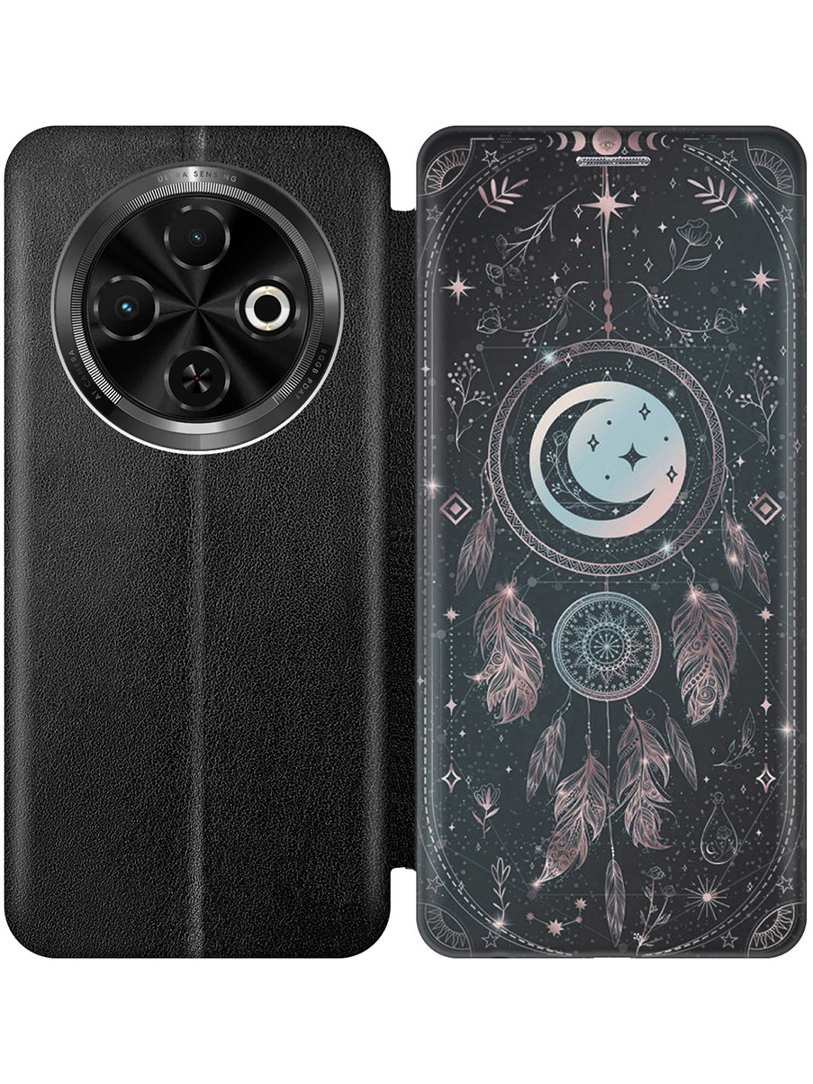 

Чехол-книжка на Tecno Spark 30C с принтом "Ловец снов и месяц" черный, Черный;голубой;серый, 786716385