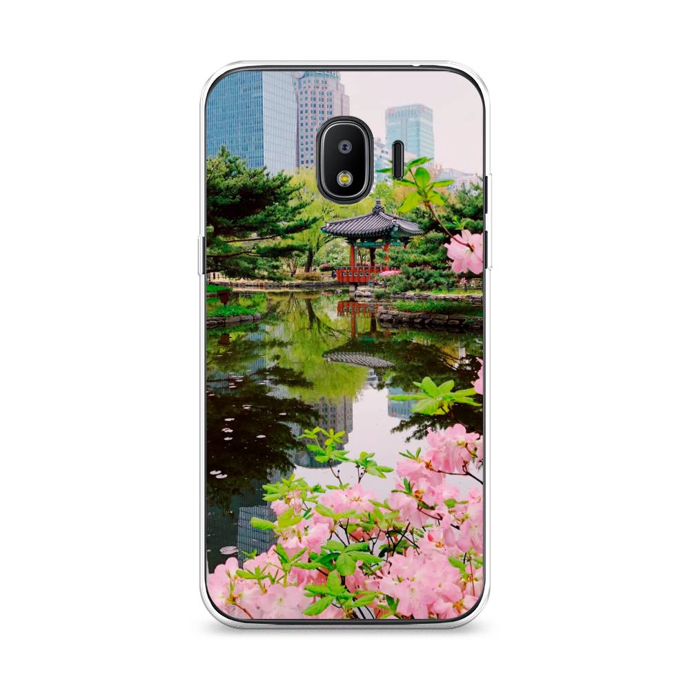 

Чехол на Samsung Galaxy J2 2018 "Сакура возле озера", Зеленый;розовый;голубой, 25650-2