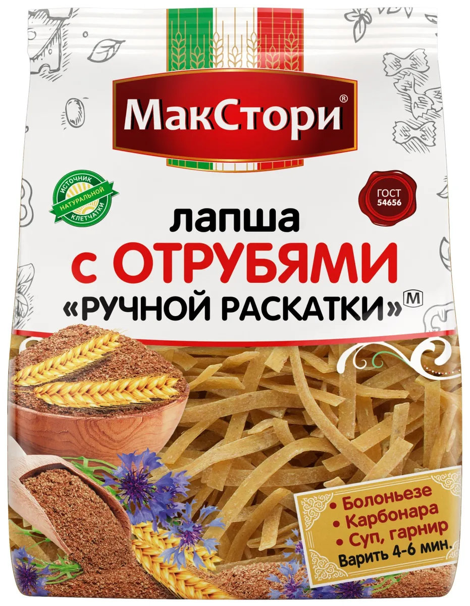 

Лапша с отрубями ручной раскатки МакСтори, 250 г, 6 шт., С отрубямиРР
