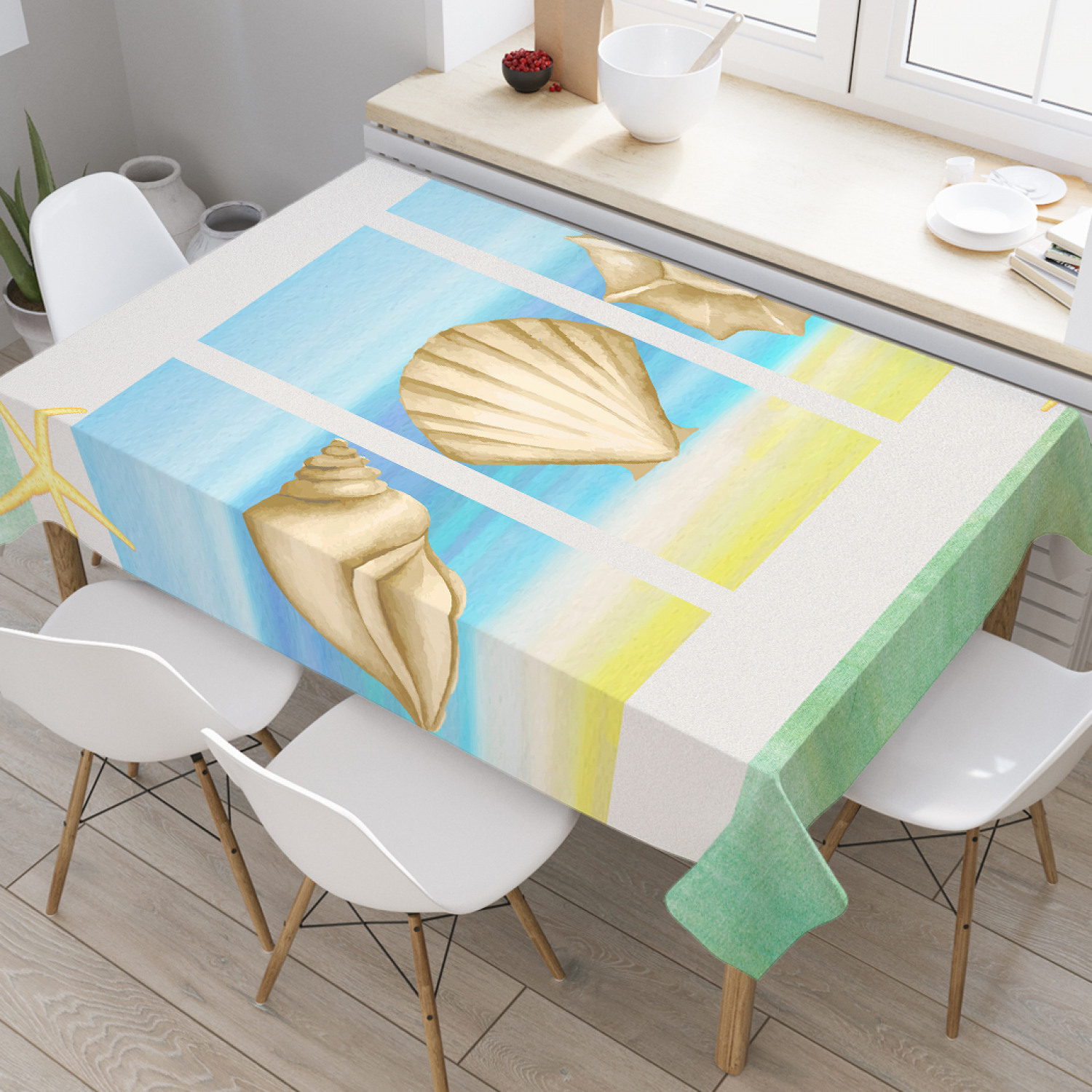 

Скатерть прямоугольная JoyArty "Картины ракушек" из оксфорда, 120x145 см, Голубой, Картины ракушек