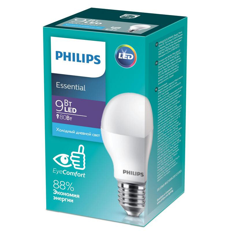 

Лампа светодиодная Philips 9Вт E27 грушевидная 6500K холодный белый свет, 984760