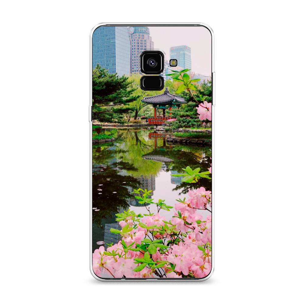 

Чехол на Samsung Galaxy A8 Plus 2018 "Сакура возле озера", Зеленый;розовый;голубой, 25550-2