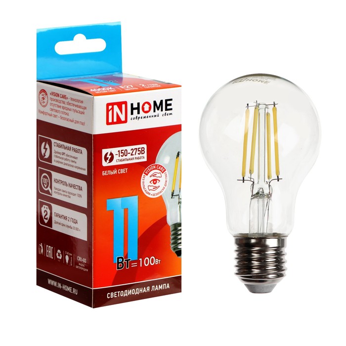 

Лампа светодиодная IN HOME LED-A60-deco, 11 Вт, 230 В, Е27, 4000 К, 1160 Лм, 9527840