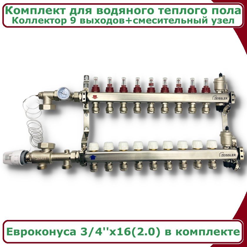 Комплект для водяного теплого пола ZEISSLER COMBI-ZMG-ZCS0609s до 150 квм 9 выходов 21350₽