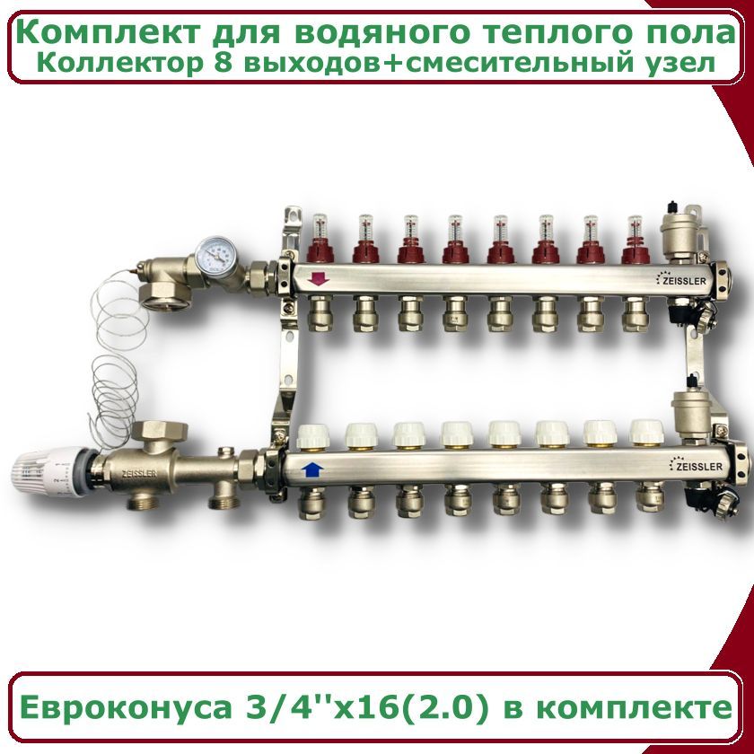 Комплект для водяного теплого пола ZEISSLER COMBI-ZMG-ZCS0608s до 130 кв/м 8 выходов