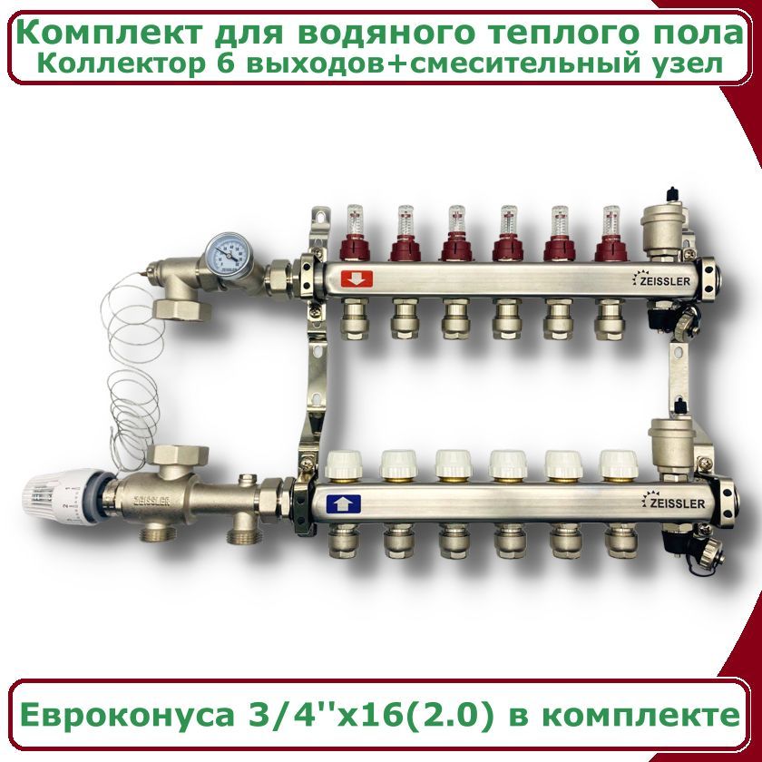 фото Комплект для водяного теплого пола zeissler combi-zmg-zcs0606s до 100 кв/м 6 вых