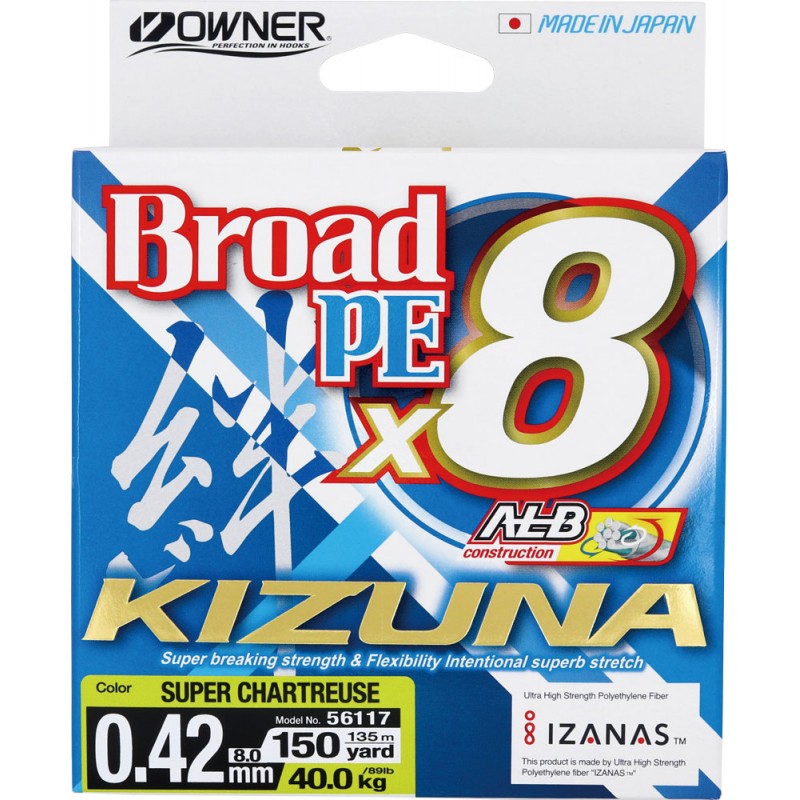 Шнур OWNER Kizuna X8 Broad PE chartreuse 135м 0,42мм 40кг