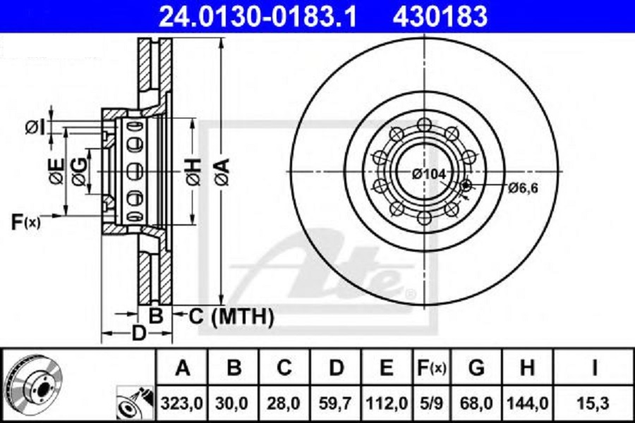 

Диск тормозной передний Audi A6/A8 D2/A8 D3 94>10 VW Phaeton 02>05 ATE 24013001831