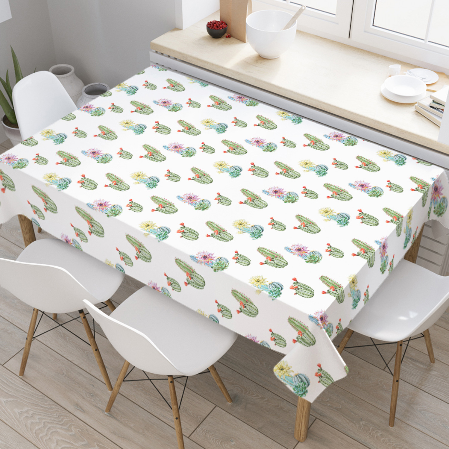 

Скатерть прямоугольная JoyArty "Кактусы и цветы" из оксфорда, 120x145 см, Белый, Кактусы и цветы