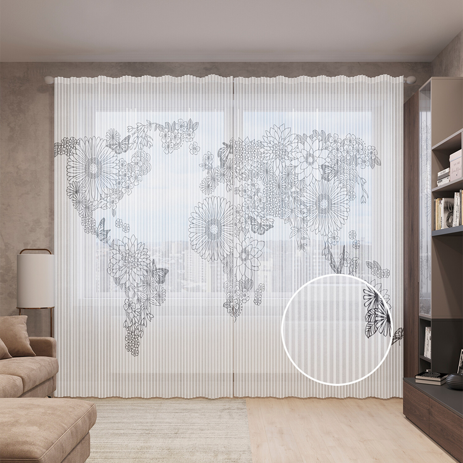 

Тюль вуаль на шторной ленте с принтом JoyArty "Цветочная карта мира", 310х265 см, Цветочная карта мира