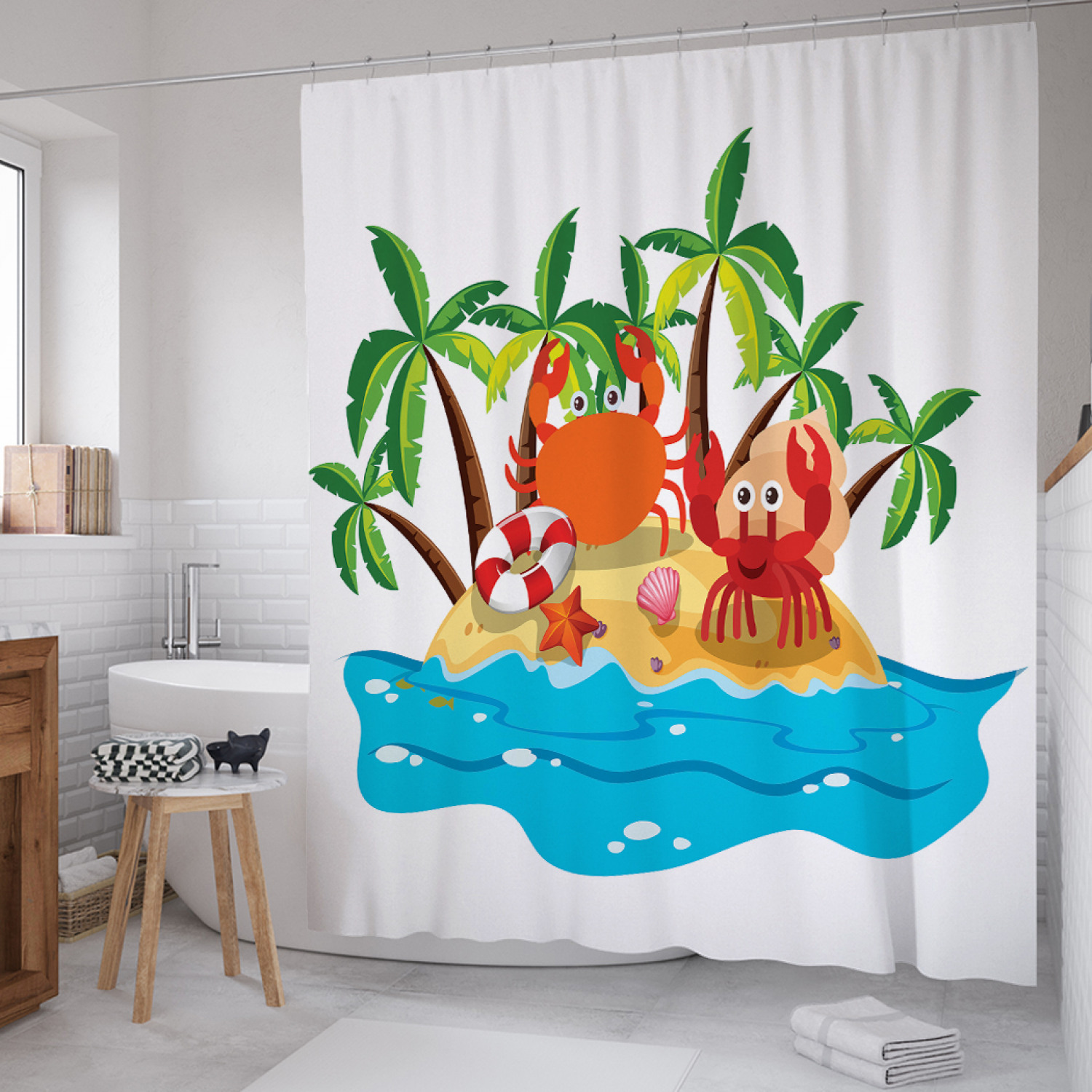 

Штора для ванной JoyArty "Рак и краб на острове" из сатена, 180х200 см с крючками, Белый, Рак и краб на острове