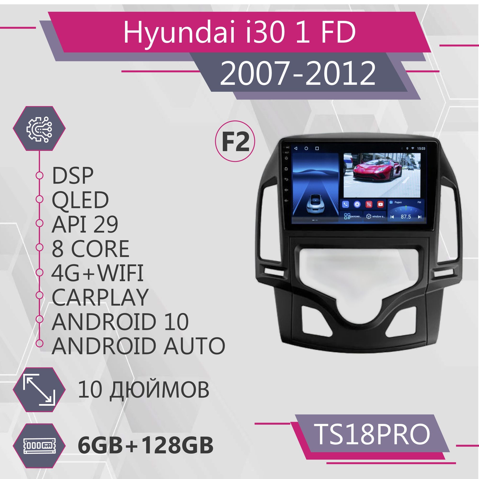 

Штатная автомагнитола TS18Pro/ 6+128GB/ для Hyundai i30 1 FD F2/ Хендай и30/ Под климат ко, TS18PROHyundaii30F2