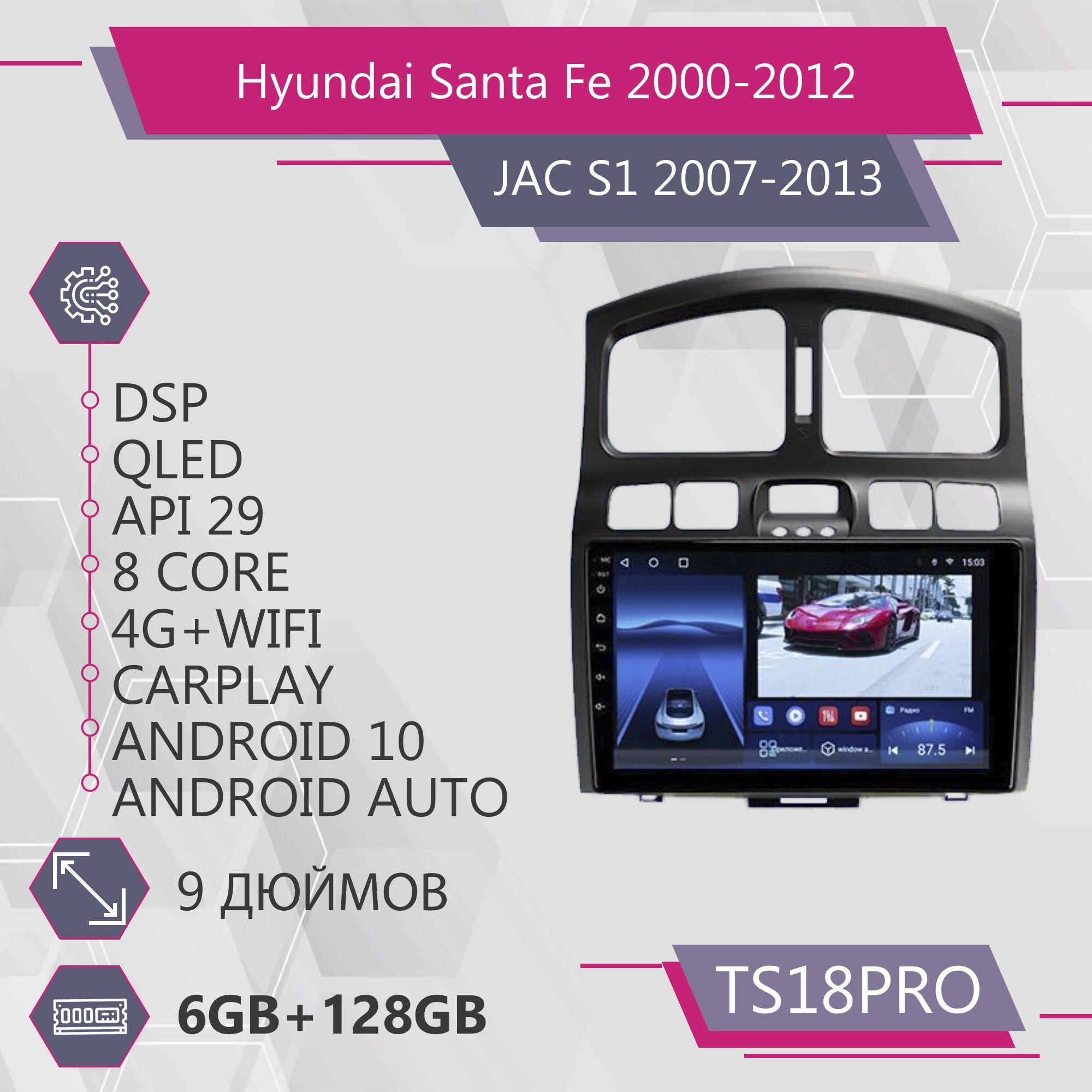 

Штатная автомагнитола TS18Pro/ 6+128GB/ Hyundai Santa Fe SM/ JAC S1/ Хендай Санта Фе См/ Д, TS18PROHSantaFe