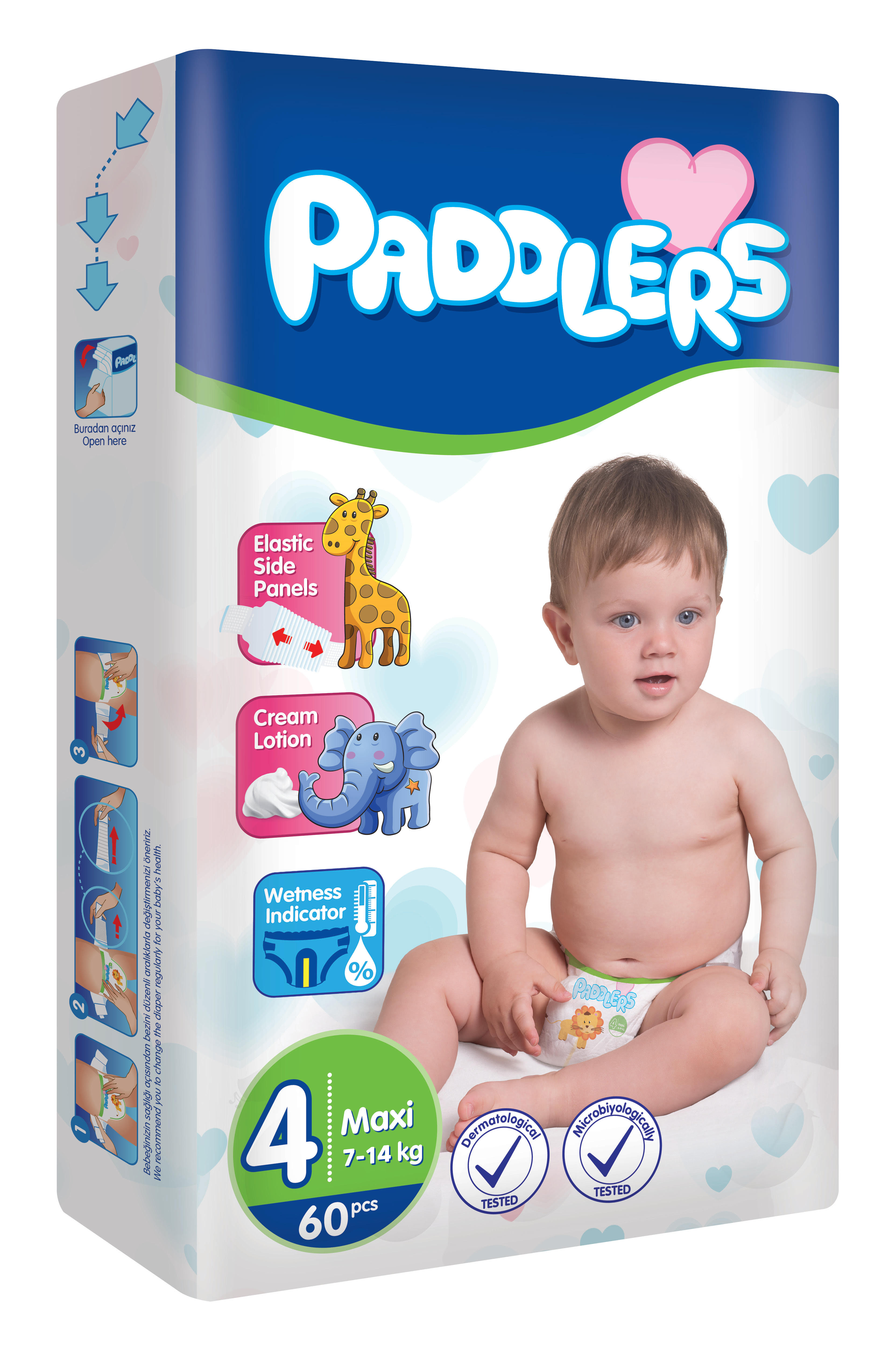 Детские подгузники Paddlers 4 размер ночные для детей, 7 -14 кг, 60 шт