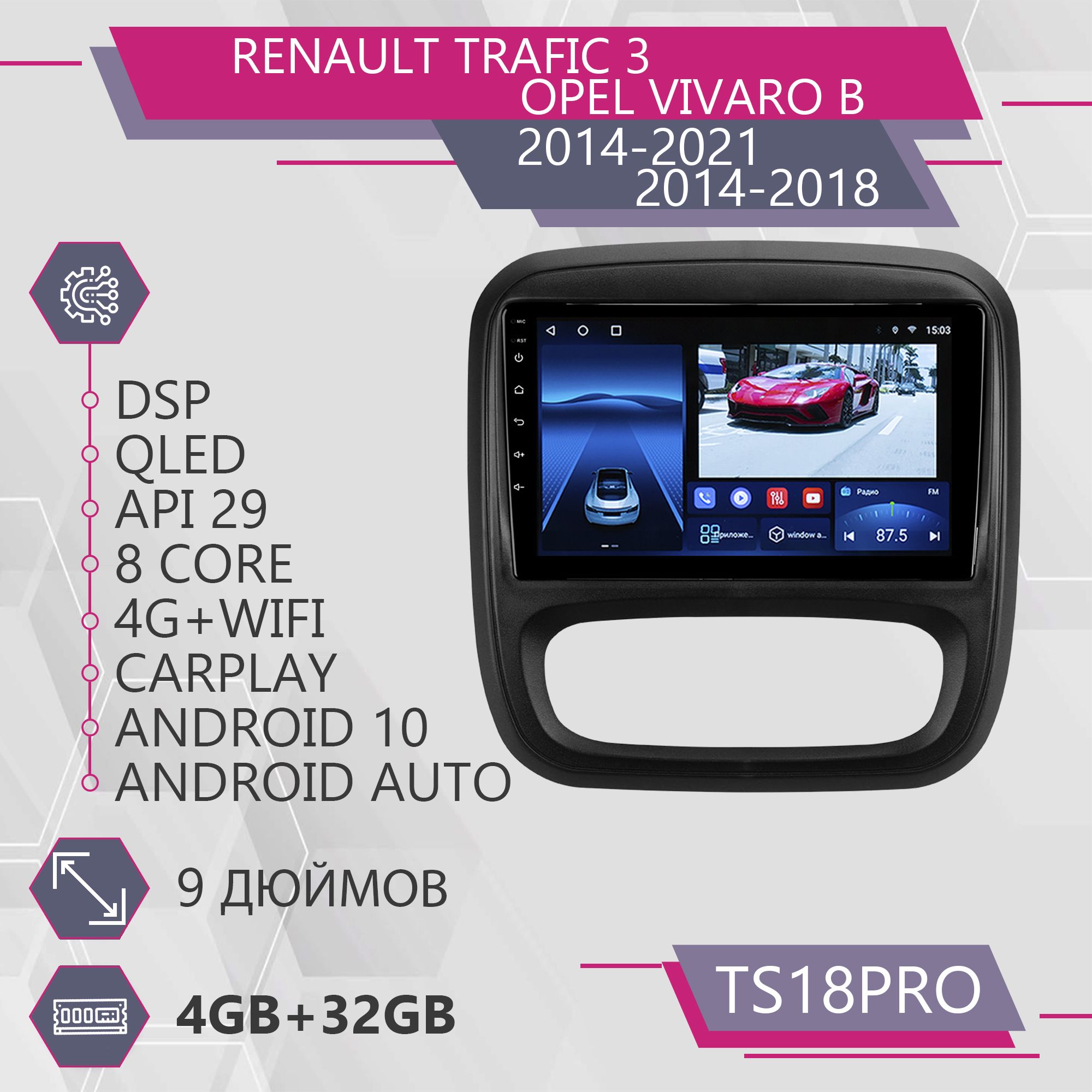 

Штатная магнитола TS18Pro/4+32GB/ для Renault Trafic 3/ Opel Vivaro B / Рено Трафик / Опел, TS18PRORTrafic3