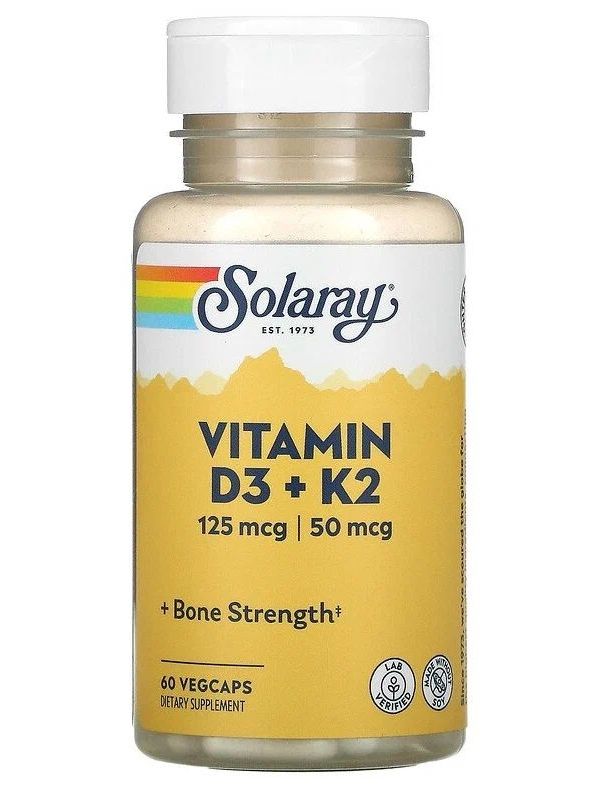 Solaray, Vitamin D3 + K2, 60 капсул / Витамин Д3 5000IU + К2 50 мкг / Здоровье костей /Укр