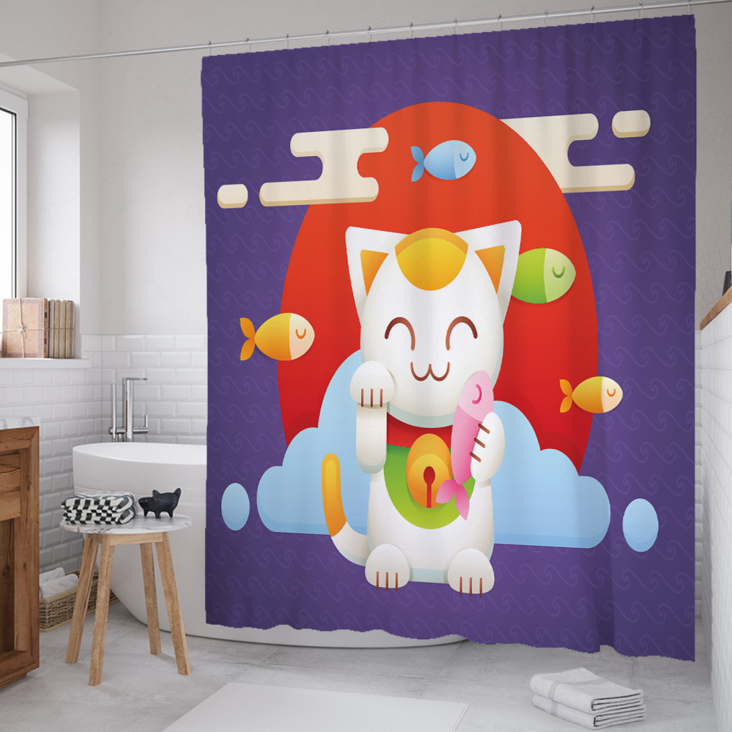 

Штора для ванной JoyArty "Счастливый манэки-нэко" из сатена, 180х200 см с крючками, Синий, Счастливый манэки-нэко