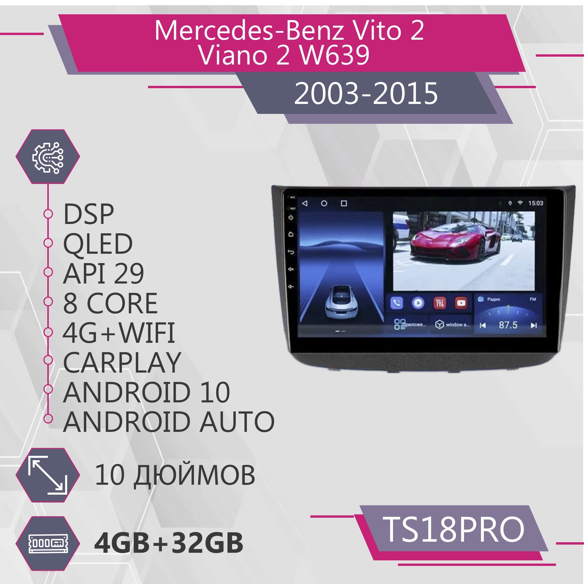 

Штатная автомагнитола TS18Pro/ 4+32GB для Mercedes-Benz Vito 2 Viano 2 W639 Мерседес Вито2, TS18PROMBVito2