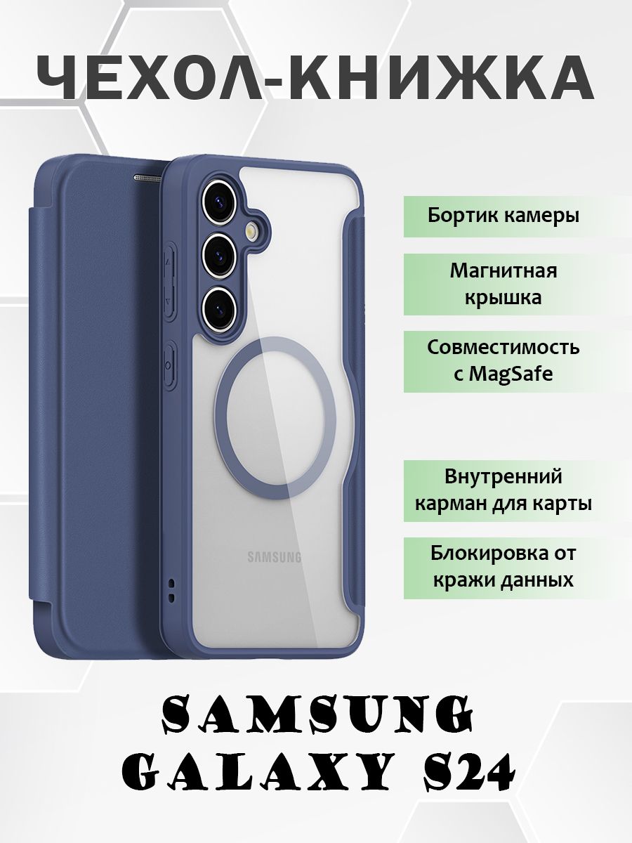 

Чехол книжка Dux Ducis для Samsung Galaxy S24, с MagSafe, синий, Samsung Galaxy S24