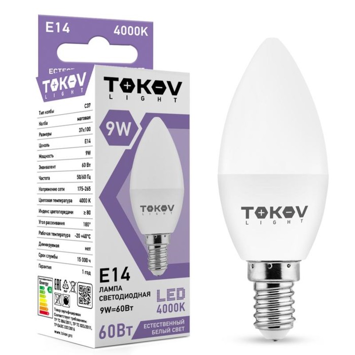 

Лампа светодиодная TOKOV ELECTRIC, 9 Вт, С37, 4000 К, Е14, 176-264В