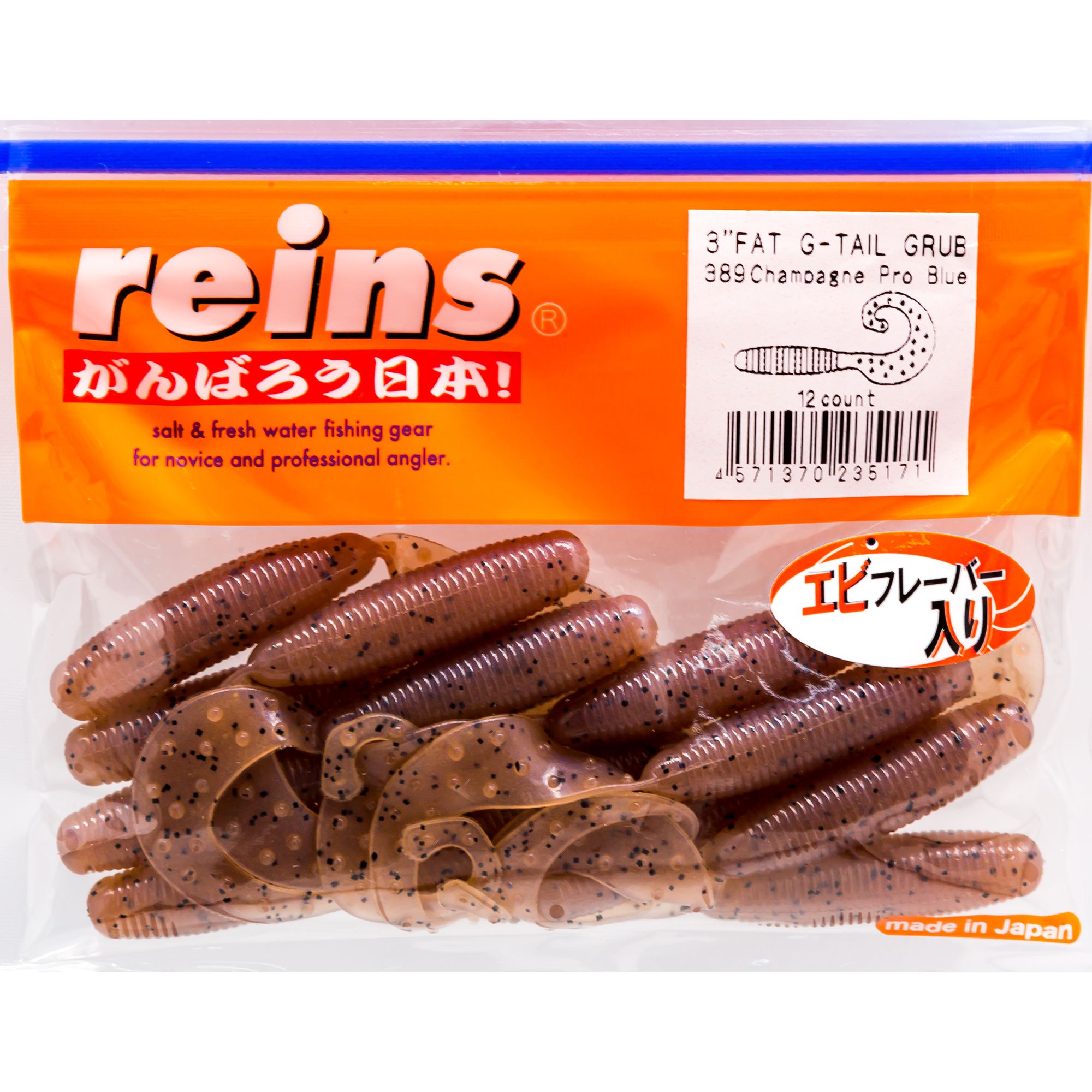 

Силиконовая приманка Reins Fat Gtail Grub 75 мм цвет 389 Champagne Pro Blue 12 шт, Fat Gtail Grub