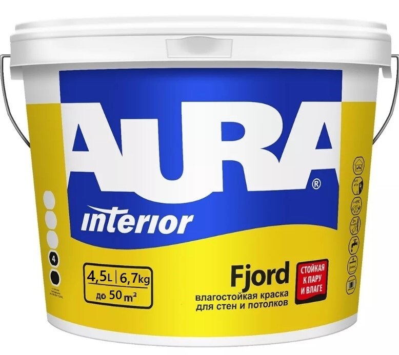 

Краска для стен и потолков влагостойкая AURA Fjord база А (4,5л), Белый